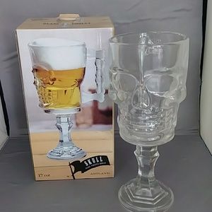 Tiki Pirate Halloween Hawaiiana Skull Skeleton Beer Mug Goblet Clear GLASS NIB